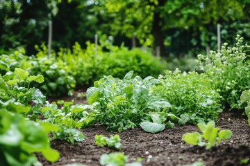 Poster - A vibrant garden showcases various growing plants, with a compost pile enriching the soil and supporting healthy growth. Generative AI