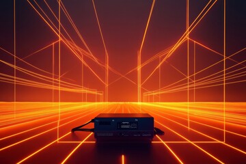 Leinwandbilder - Network cables connect to a central router, surrounded by abstract glowing lines, creating an immersive digital environment. Generative AI