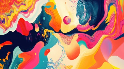 Colorful digital psychedelic art with swirling abstract shapes and retro color scheme