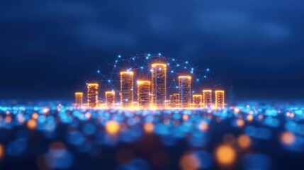 A futuristic city skyline with glowing buildings and lights, set against a dark background, depicting a digital or technological theme.