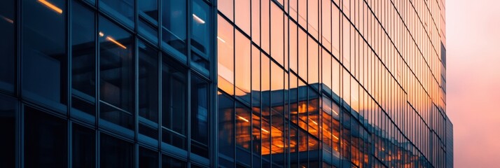Poster - A contemporary office structure showcases surveillance cameras while reflecting a stunning sunset with colorful hues on its glass facade. Generative AI