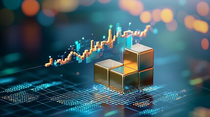 Poster - A captivating arrangement of gold blocks against a vibrant data analytics backdrop, highlighting trends in finance and investments, symbolizing growth and success.