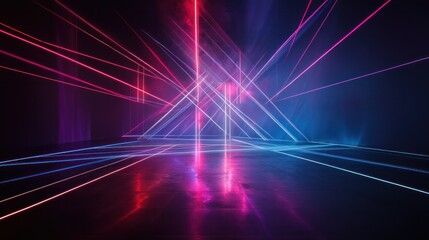 Poster - futuristic triangle corridor with neon lights illuminating the walls creating a symmetrical