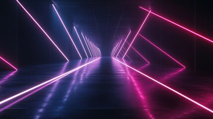 Poster - futuristic triangle corridor with neon lights illuminating the walls creating a symmetrical
