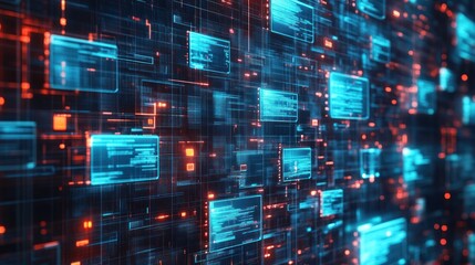 Poster - Abstract network grid with icons of files and folders floating in a virtual space symbolizing a digital document storage system,