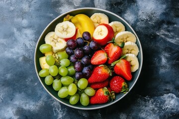 A bowl of fresh fruit, including bright red strawberries, yellow bananas, green apples, and purple grapes