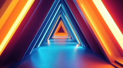 Poster - futuristic triangle corridor with neon lights illuminating the walls creating a symmetrical