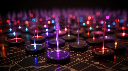 A vibrant array of illuminated markers on a map, suggesting a tech or gaming theme.