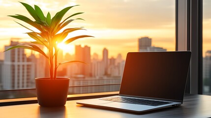Poster - Laptop on Desk With Plant In Sunset Clean Blank Canvas with Empty Space for Designs