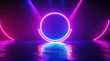 A minimalistic dark background with neon lights radiating outward from a central point,