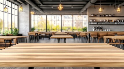 Poster - Empty wooden table in cafe with blurry background Light Gradient Background with Room for Typography