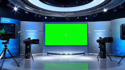screen back news TV studio broadcast room green television media background broadcasting entertainment light set show stage three-dimensional empty digital design grooved video virtual presentation a