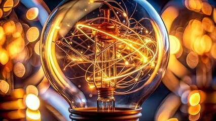 A luminous filament dances within the glass sphere, casting an intricate web of light against a backdrop of bokeh.
