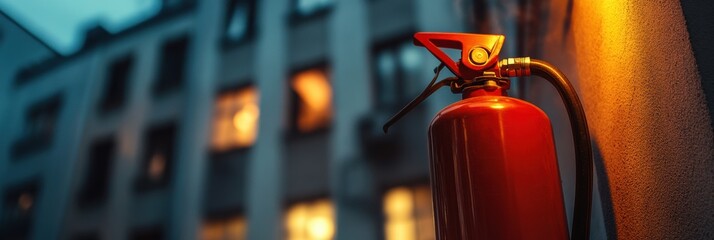 Aufkleber - The bright fire extinguisher is positioned in focus against a blurred building backdrop, hinting at safety measures during twilight. Generative AI