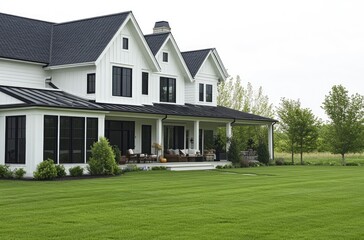 A white, modern farmhouse-style home with a large front yard and patio area