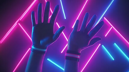 Poster - Neon Light Hands Simple Neutral Background with Free Space for Design