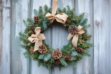 DIY eco christmas sustainable decor Burlap and Ribbon xmas Wreath, made of old package material and conifer branches on wooden door