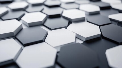Poster - a hexagonal grid pattern, featuring a monochromatic color scheme of light and dark greys on a white background.