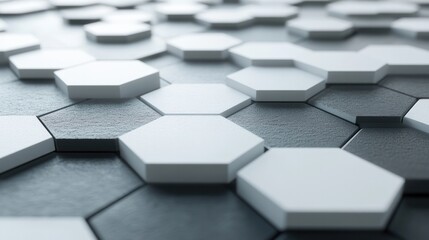 Poster - a hexagonal grid pattern, featuring a monochromatic color scheme of light and dark greys on a white background.