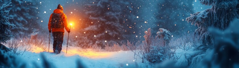 Wall Mural - A lone hiker walks through a snowy forest, illuminated by a glowing lantern, surrounded by serene, snow-covered trees amidst falling snow.