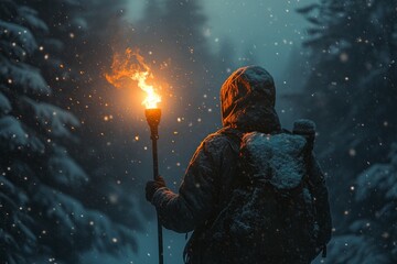 Wall Mural - A person in warm clothing holds a lit torch in a snowy forest, surrounded by falling snowflakes in a dimly lit, mysterious atmosphere.