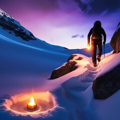Wall Mural - A climber navigates a snowy path at dusk, guided by a lantern's light amidst serene mountain landscapes.