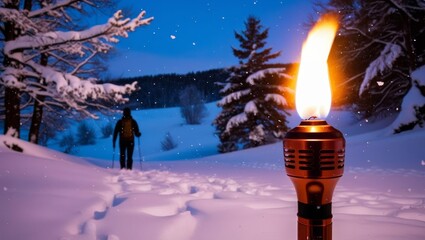 Wall Mural - A lone figure walks through a serene snow-covered landscape at dusk, illuminated by the warm glow of a torch, creating a peaceful winter ambiance.