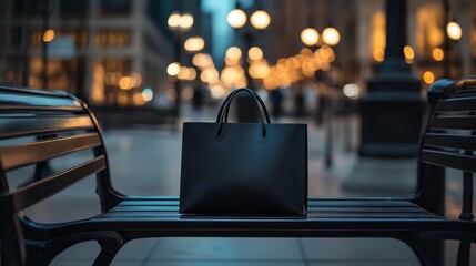 A sleek black shopping bag is placed on a park bench, with a blurred cityscape of lights behind, evoking a modern urban shopping experience.