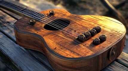 Wooden guitar, six strings, six knobs, C4D, model, rendering, warm, 32K, ultra clear, high-quality, window projection,