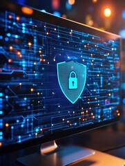 Leinwandbilder - The bright display shows a shield with a lock, symbolizing strong internet security amidst a network of glowing connections. Generative AI