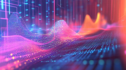 Poster - vibrant, abstract representation of data and technology, with colorful lines and dots interconnected to form a complex graph.