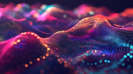Poster - vibrant, abstract representation of data and technology, with colorful lines and dots interconnected to form a complex graph.