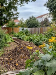 Poster - In a bustling garden, a compost pile enriches the soil as vibrant plants flourish under the sun, promoting sustainable growth. Generative AI