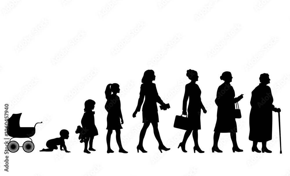 Woman in different ages. Newborn, girl teenager, adult woman, elderly ...