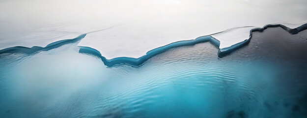 edge of melting ice shelf above crystal clear blue water with light reflecting on the surface in a p