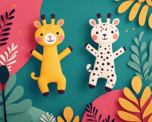 Two colorful animal plush toys, a giraffe and a cow, surrounded by vibrant, decorative leaves against a bright backdrop.