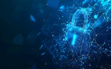 Poster - Abstract low-poly padlock symbol with glowing connections on a blue background