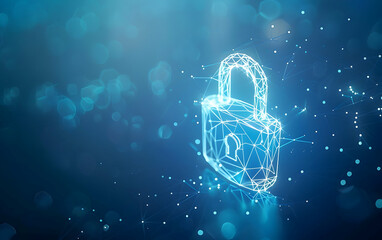 Poster - Abstract blue padlock made of glowing dots on a dark background