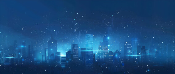 Poster - Blue digital background with a dark cityscape and glowing lines