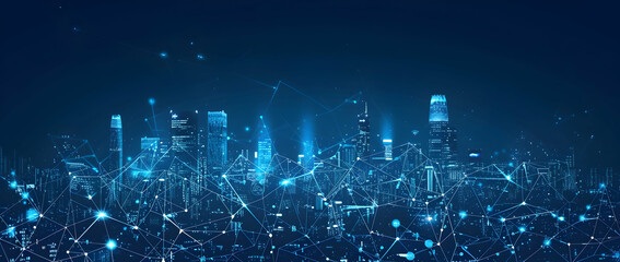 Poster - Abstract blue glowing city background with digital technology and big data connections
