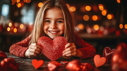 A delighted girl presents a glittering heart, surrounded by warm lights and red decorations, celebrating love and joy in a festive setting