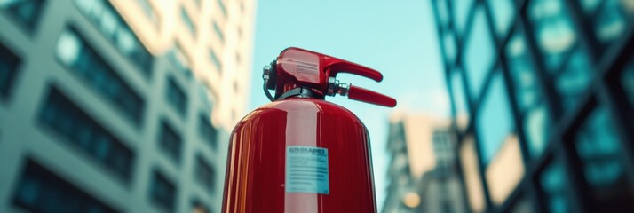 Aufkleber - A bright fire extinguisher is prominently placed in the foreground with a blurred urban building behind it on a clear day. Generative AI