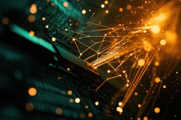 Leinwandbilder - Vibrant glowing lines emanate from network cables and a router, creating an abstract representation of data transfer in a digital space. Generative AI
