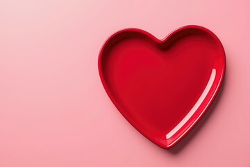 Heart-shaped red plate on soft pink background for valentine's day celebration.