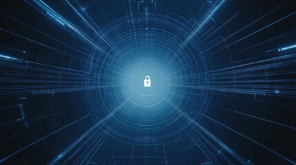 Poster - A central lock icon appears on a computer screen, illuminated by digital lines in a network, indicating a secure workspace setup. Generative AI