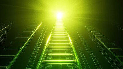 Poster - A dynamic image of a long, illuminated ladder shining brightly as it reaches for a goal above, surrounded by shorter,