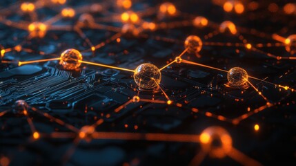 Poster - interconnected blockchain nodes, showcasing a vibrant network of glowing lines and geometric shapes. The nodes are represented by transparent spheres,