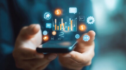 Poster - Illustration of a hand holding a tablet, mobile phone, with a background of technology. It is a presentation of the image related to the progress, the use of modern technology in many things in life.