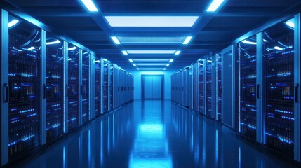 Poster - A high-tech server room featuring rows of server racks illuminated by cool blue LED lights.