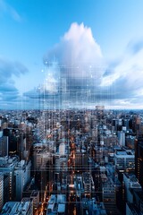 Poster - A stunning aerial view of a bustling city at dusk, enhanced by a digital overlay, showcasing the blend of technology and urban life.
